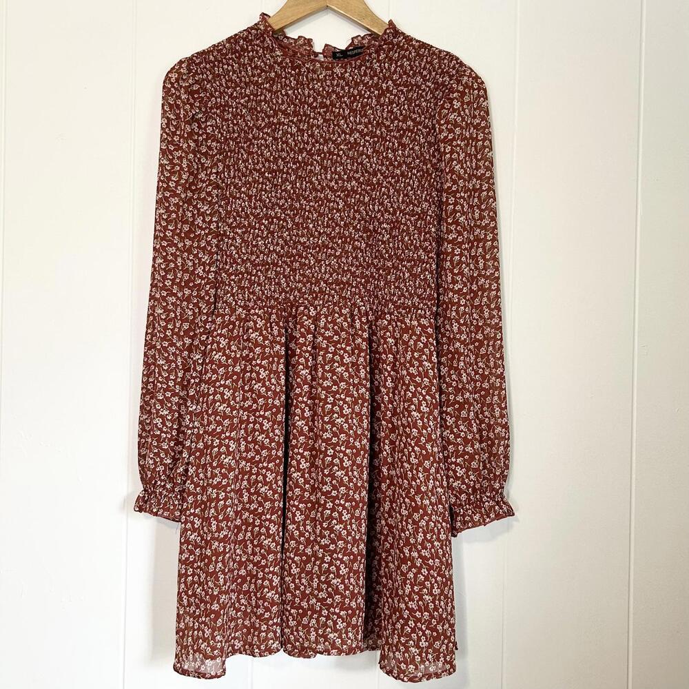 Hesperus Red Floral Cottagecore Sheer Smocked Long Sleeve Mini Dress Women's XL